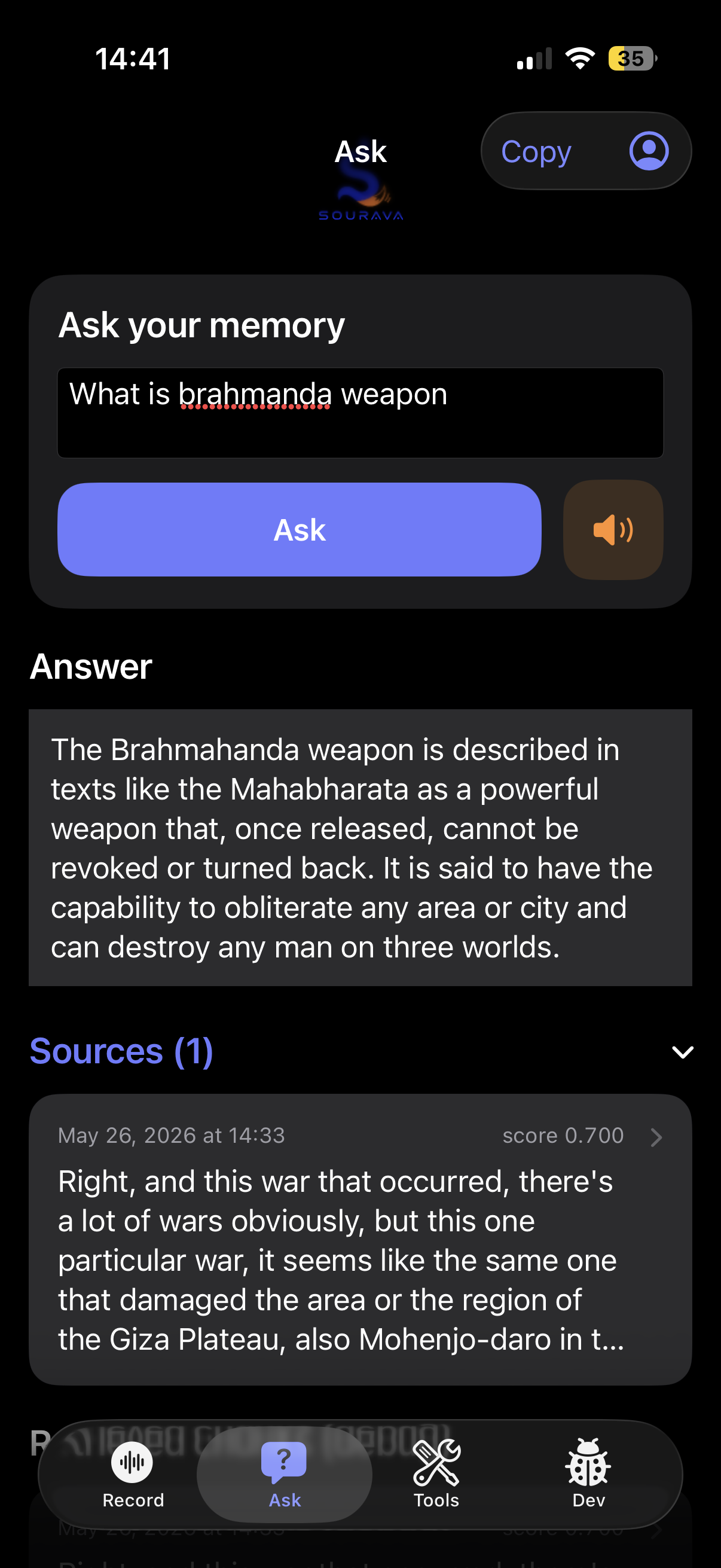 Sourava Ask screen with RAG answer and cited memory source