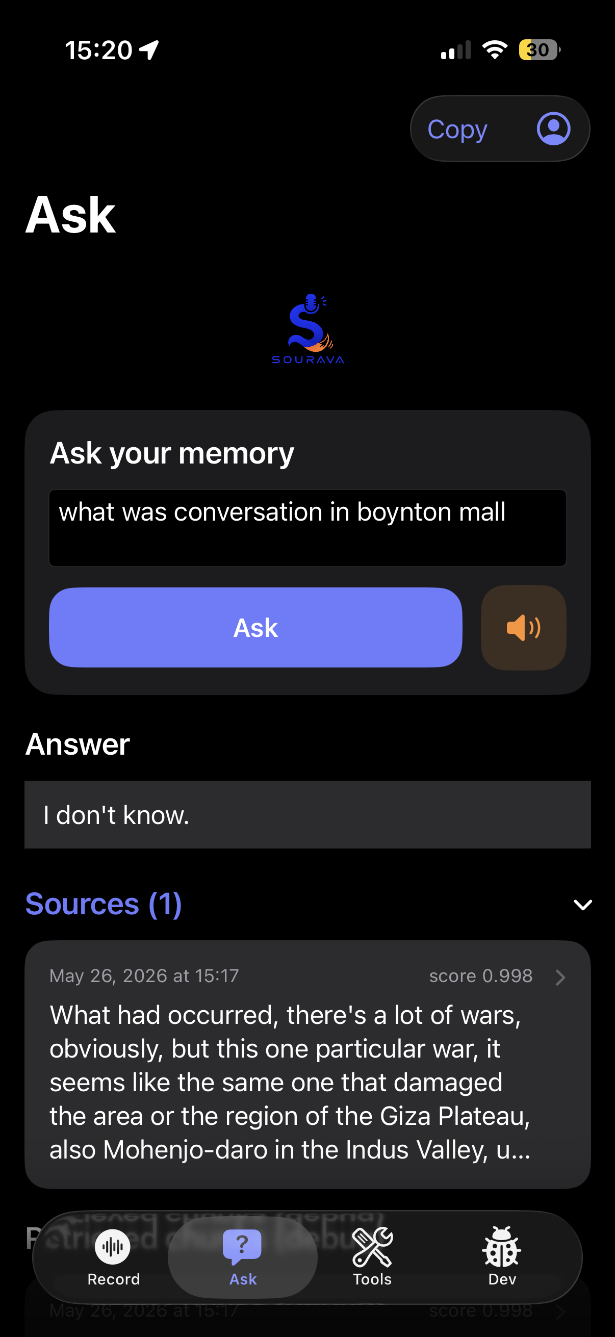 Sourava Ask screen querying personal memory