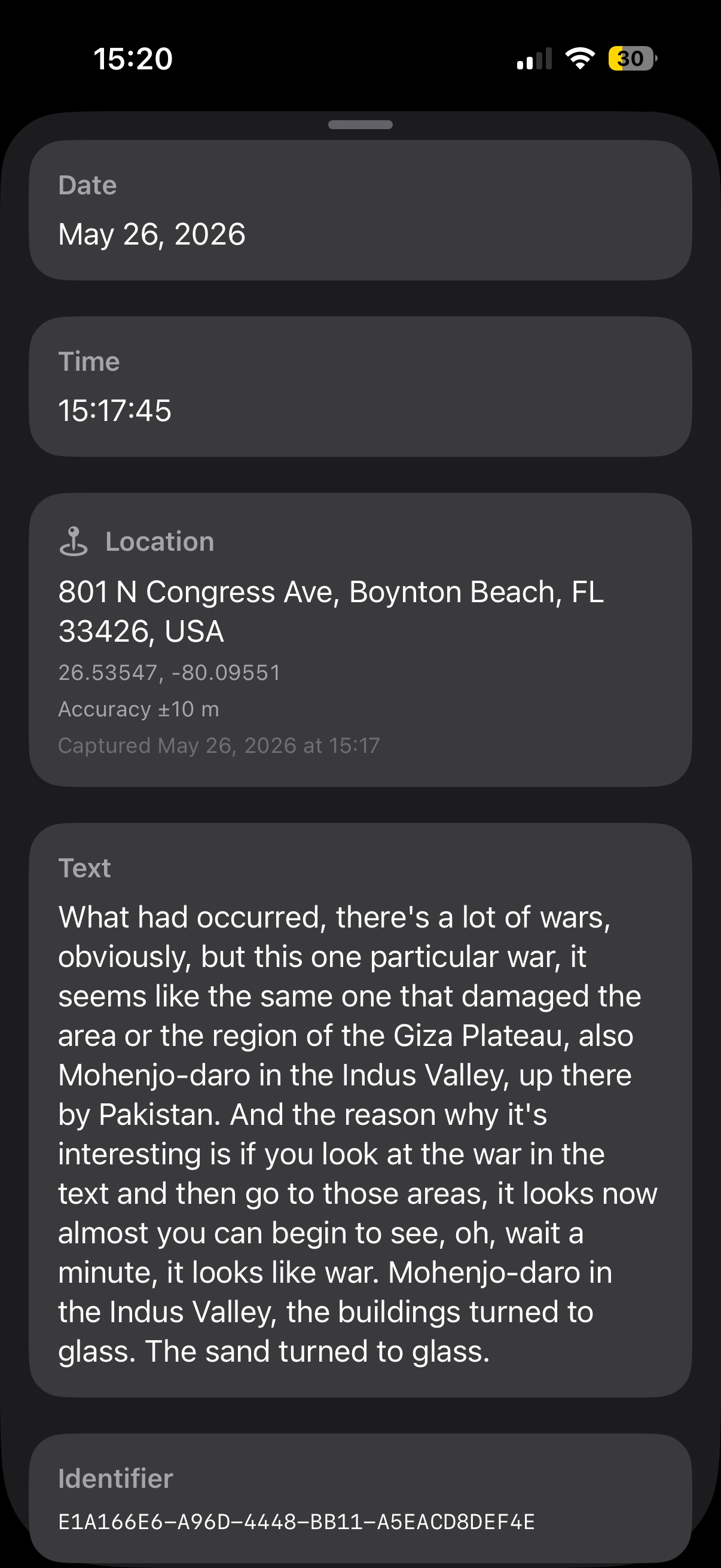 Sourava memory detail with date, location, and transcript