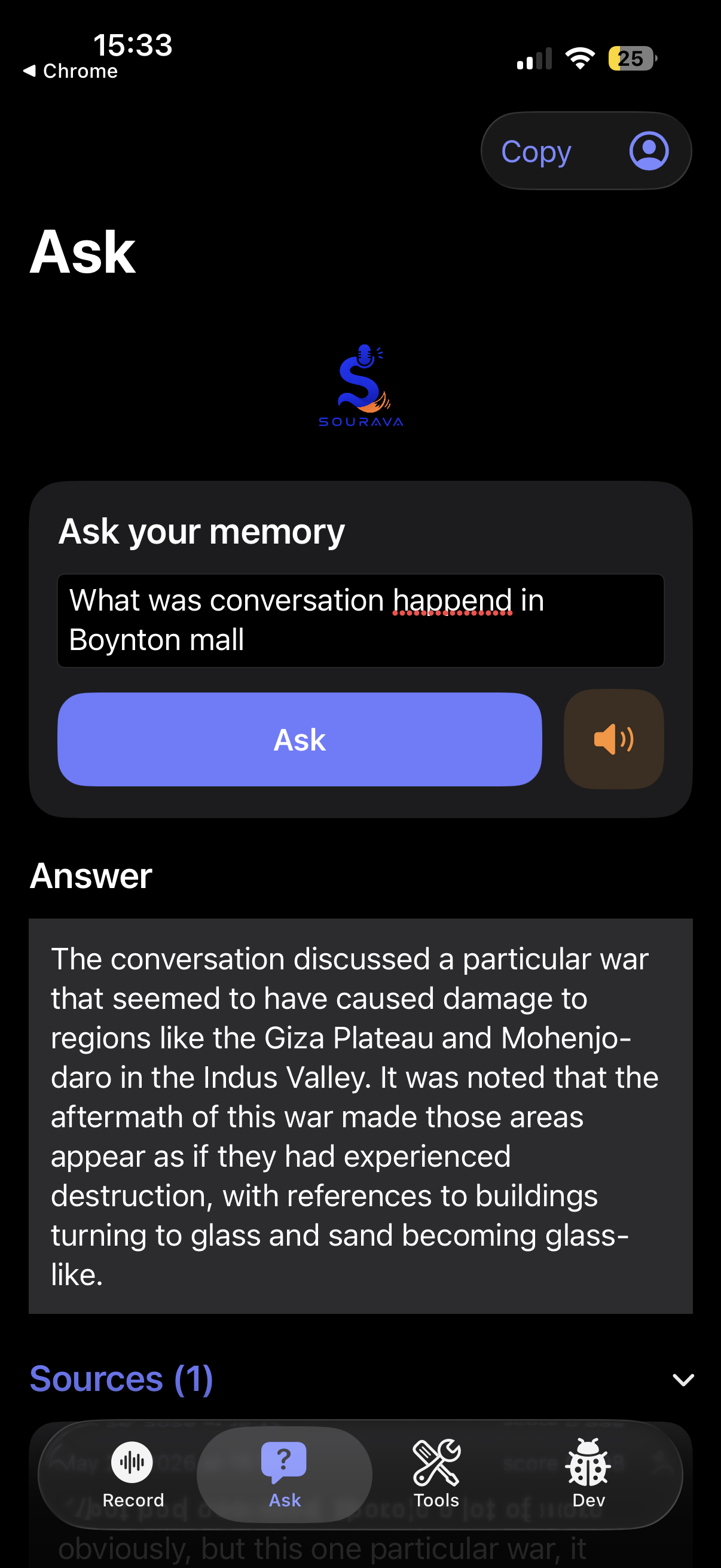 Sourava Ask screen summarizing a location-based conversation
