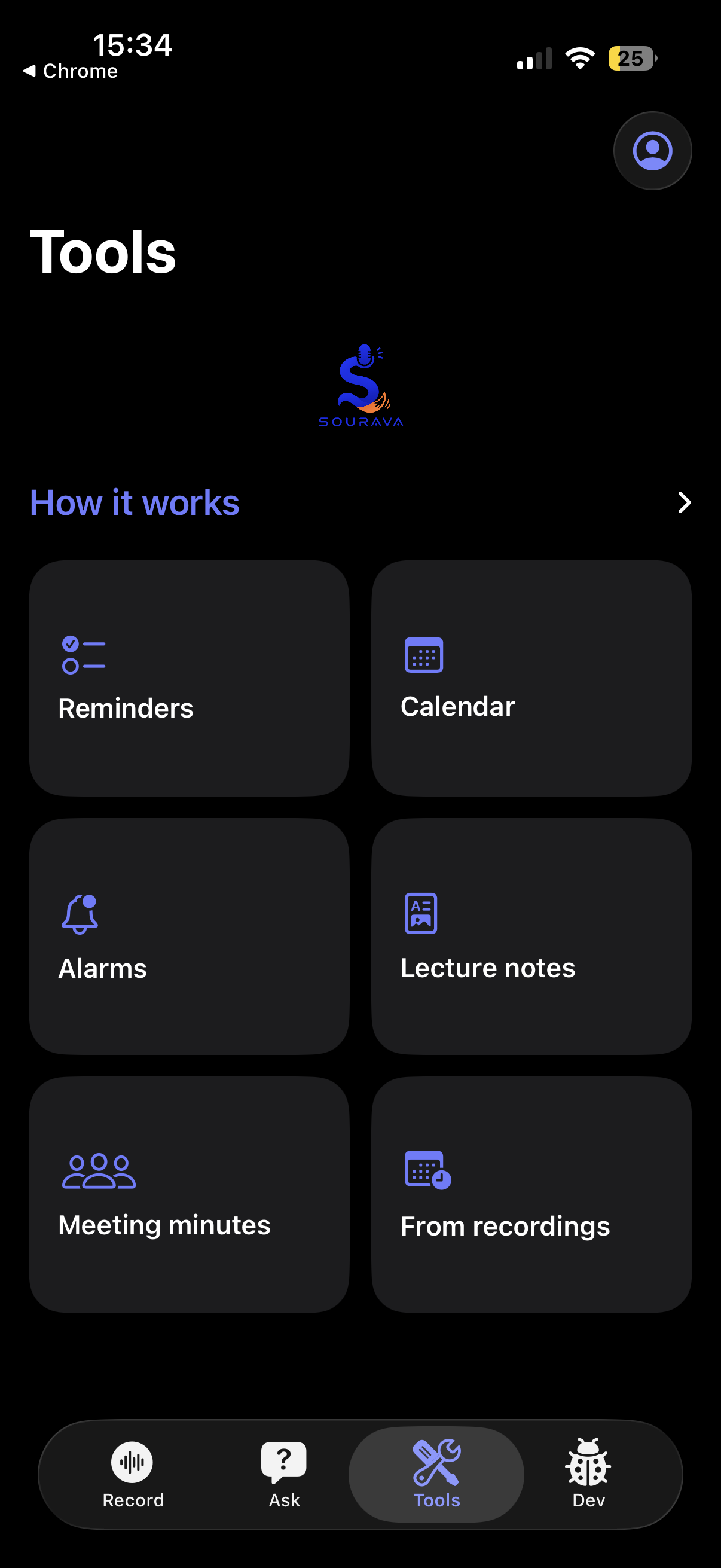 Sourava Tools screen with reminders, calendar, and lecture notes